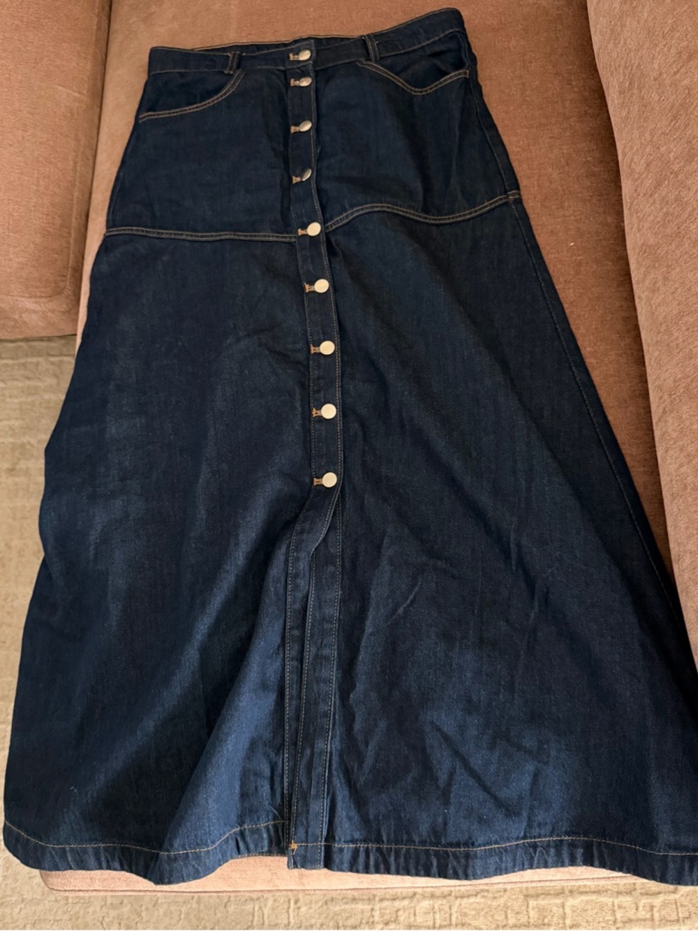 H&M Divided Denim Midi Skirt Dark Blue Button Front A-Line Modest Size 12